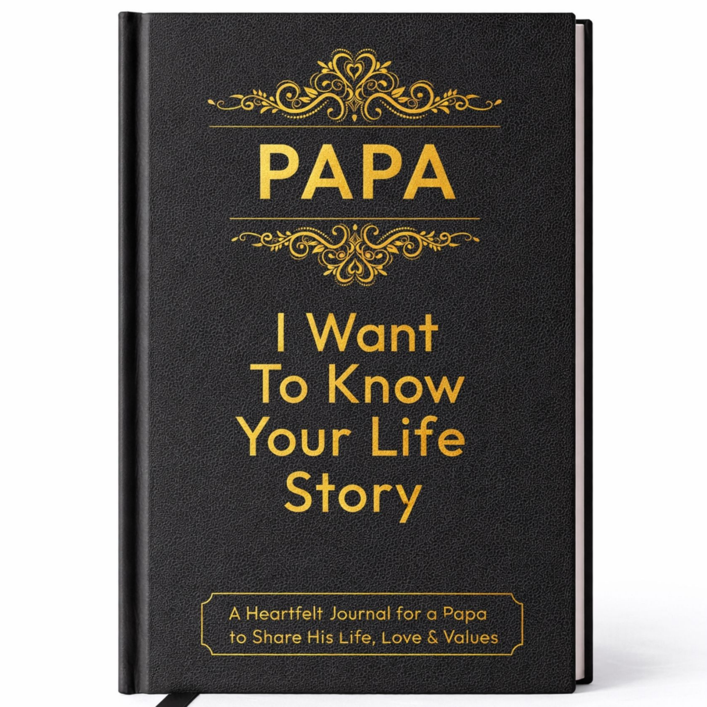 Black hardcover Papa life story journal with gold lettering and ribbon bookmark